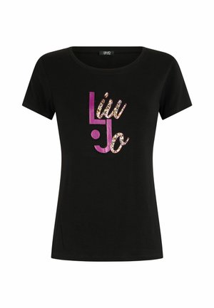 T-shirt nero a maniche corte con una grafica in tessuto di paillettes colorate "liu Jo" in viola e dettagli in stampa animalier sul davanti.