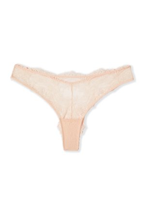 Perizoma in pizzo rosa chiaro con motivi floreali e bordi smerlati, mostrato disteso su sfondo bianco.