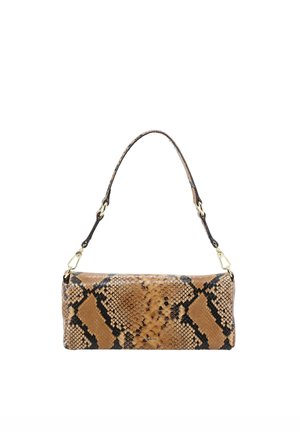 Brown and black python-patterned handbag with a structured shape, a top handle, and gold hardware accents. Smooth texture.