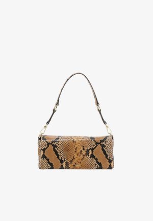 Brown and black python-patterned handbag with a structured shape, a top handle, and gold hardware accents. Smooth texture.