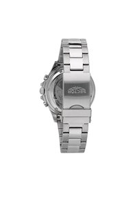 Orologio in acciaio inox con finitura lucida, bracciale a maglie, cassa rotonda e logo inciso sulla chiusura. Presenta sottodial cronografici.