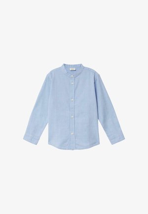 Lichtblauw overhemd met lange mouwen van zachte stof, met een unieke ronde kraag, knoopsluiting en een rechte zoom zonder patronen.