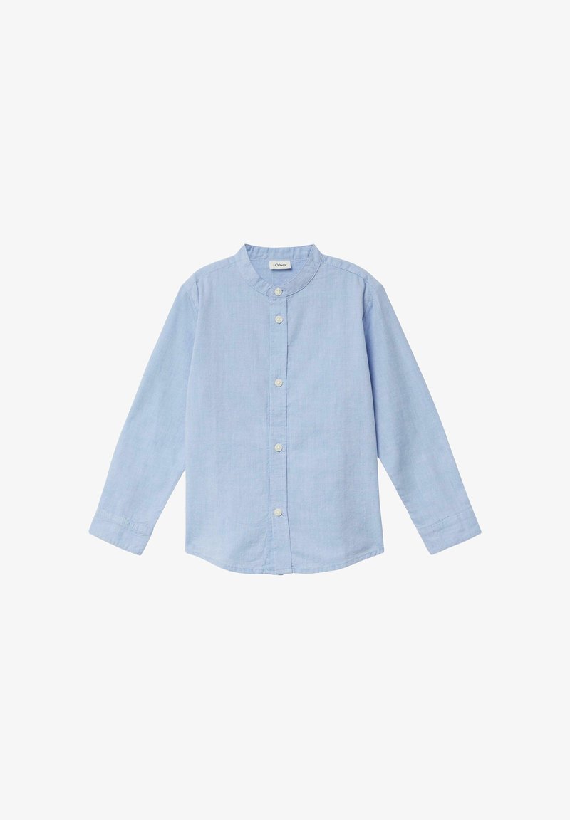 Hellblaues Langarmhemd aus weichem Stoff, mit einem einzigartigen runden Kragen, Knopfverschluss und geradem Saum ohne Muster.