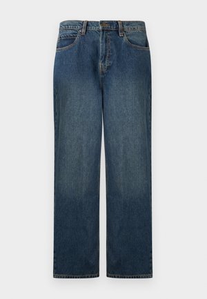 Jean de mezclilla en azul oscuro con un diseño de pierna recta. Las características incluyen una cintura con botón, pasadores para cinturón y bolsillos frontales. Textura suave.