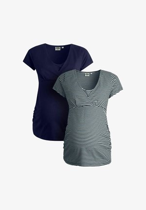 Două bluze de maternitate: una albastru închis uni și una cu dungi albastre și albe. Ambele au decolteu în V, mâneci scurte și părți adunate pentru o potrivire confortabilă.