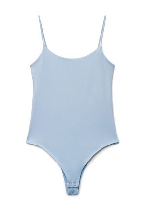 Body azzurro chiaro senza maniche con sottili spalline e chiusure a scatto all'incavo, disteso su uno sfondo bianco.
