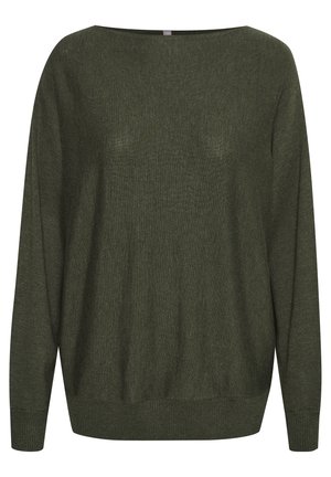 Suéter holgado de color verde oliva con un amplio escote barco. Mangas largas y puños acanalados. Textura suave y diseño minimalista.