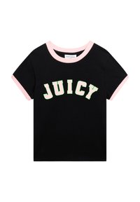 Zwarte katoenen T-shirt met een roze ribbelkraag en mouwen. Voorzien van "JUICY" in vette groene letters over de voorkant. Zachte textuur.
