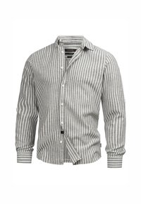 Chemise pour homme à manches longues avec boutons, rayures verticales grises et blanches, dotée d'un col classique et de poignets boutonnés.