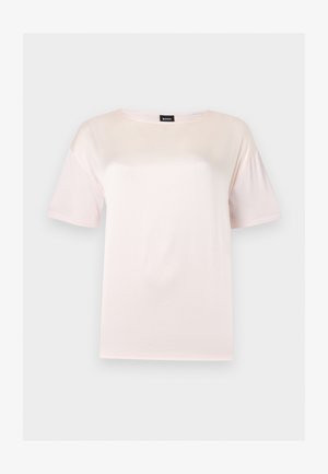 Short-sleeve, light pink cotton T-shirt with a round neckline and a black BOSS brand label inside the collar.