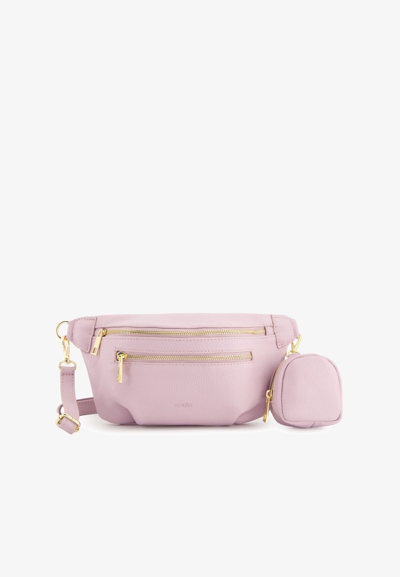 Sac de taille en cuir rose clair avec trois compartiments zippés, quincaillerie dorée et une petite pochette détachable. Surface texturée. Bandoulière ajustable.