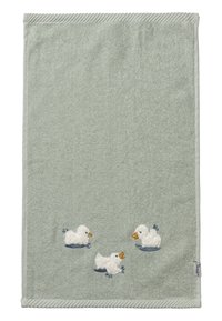 Green cotton towel with white embroidered ducks. Features soft texture, finished edges, and a muted color scheme with blue accents.