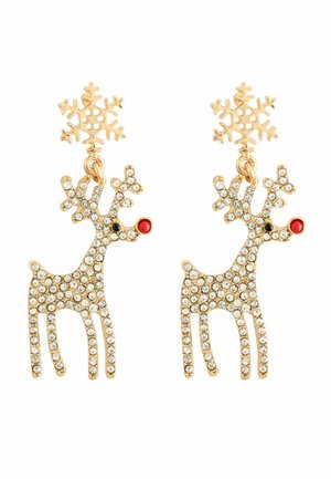 Gold-tone earrings shaped like reindeer with clear crystals and red noses, featuring snowflake studs as the attachment.