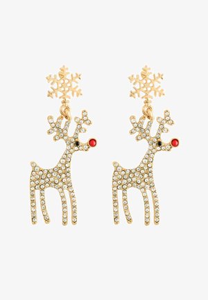 Goldfarbene Ohrringe in Rentierform mit klaren Kristallen und roten Nasen, die mit Schneeflocken-Studs befestigt sind.