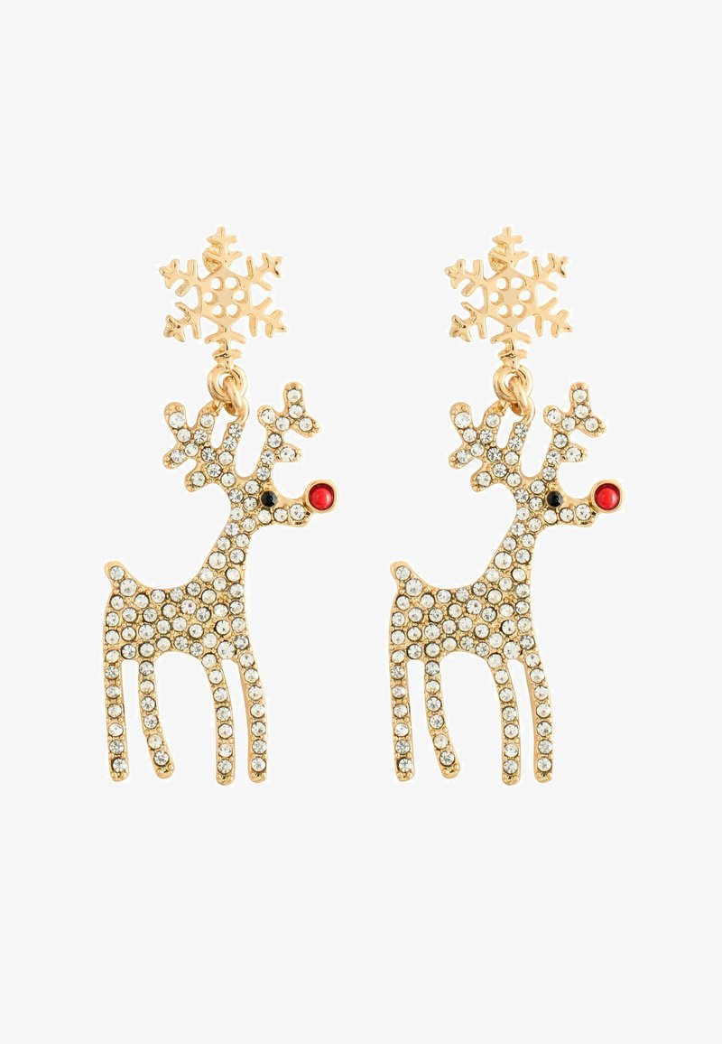 Boucles d'oreilles dorées en forme de rennes avec des cristaux clairs et des nez rouges, dotées de studs en forme de flocon de neige comme attache.