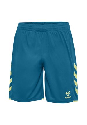 Blå atletikshorts med elastisk linning, lysegule chevronstriber på siderne og lille gul hummel-logo på venstre ben.