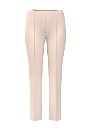 Beige maßgeschneiderte Hose mit vorderer Knopfleiste und Nahtdetails, geradem Beinschnitt und flachem Bund.