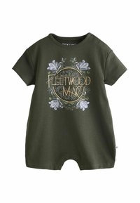 Mørkegrøn bomuldsbodystocking med korte ærmer, trykknapper på skulderen og blomster grafik med "Fleetwood Mac" tekst i guld.