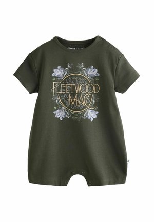 Mörkgrön bomullskropp med korta ärmar, tryckknappar vid axeln och en blommig grafik med "Fleetwood Mac"-text i guld.