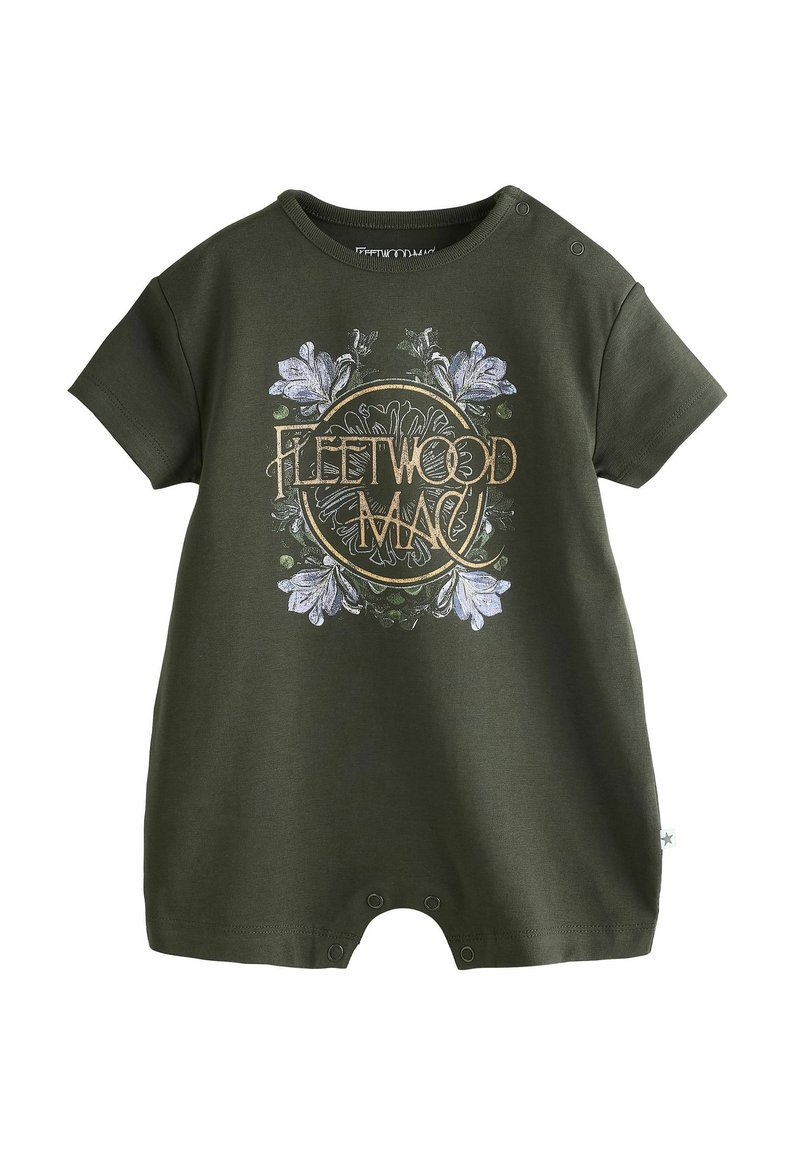 Mørkegrøn bomuldsbodystocking med korte ærmer, trykknapper på skulderen og blomster grafik med "Fleetwood Mac" tekst i guld.