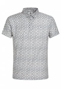 Långärmad polo t-shirt i ljusgrått med ett geometriskt triangelmönster i mörkare grått, med krage och treknappars knäppning.