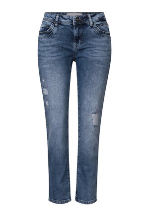 Blauwe denim jeans met een slim fit, met versleten details op de benen en een standaard knoopsluiting in de taille.
