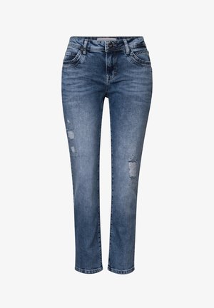 Blå denim jeans med en slim fit, der har slidte detaljer på benene og en standard knaplukning i taljen.