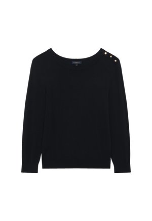 Pull en tricot noir avec un col rond, des manches longues et trois accents de boutons dorés sur une épaule. Texture douce, design simple.