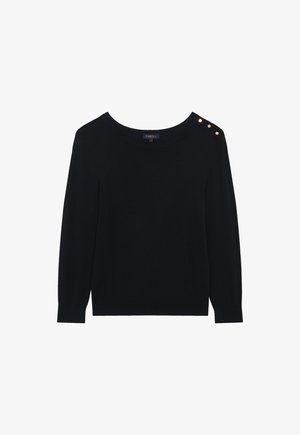 Czarny sweter z dzianiny o okrągłym dekolcie, długich rękawach i trzech złotych guzikach na jednym ramieniu. Miękka faktura, prosty design.