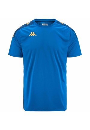 Maglietta sportiva blu realizzata in tessuto liscio, con maniche corte e collo a giro. Logo dorato sul petto, dettagli neri sulle spalle.