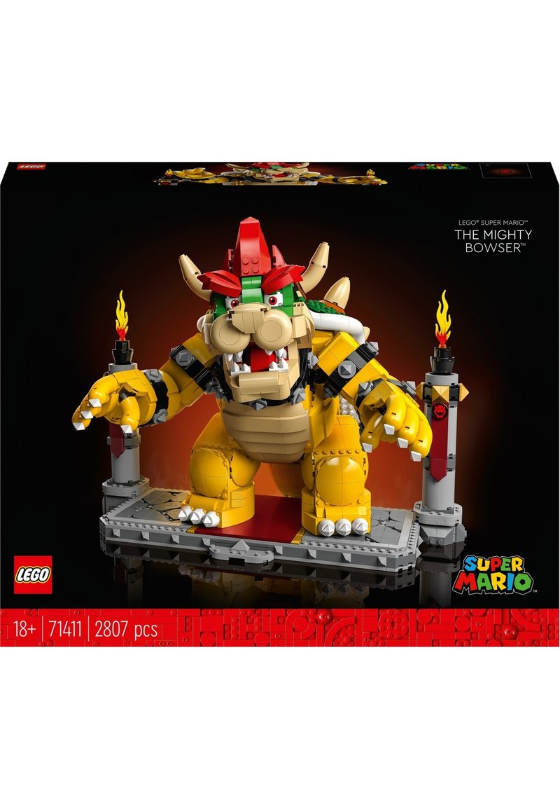 LEGO model of Bowser with yellow, red, and green elements. Features a detailed face, claws, a throne-like base, and flame accents.