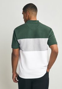 Zöld felsőrészű, szürke középső részű és fehér alsó részű galléros póló. Bordázott textúrájú, rövid ujjú, galléros kialakítás.