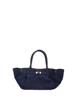 Borsa tote in camoscio blu navy con due manici, base larga, dettaglio chiusura tono oro e bottoni sui lati.