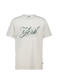 Grijze katoenen t-shirt met een grafische print van "New York" in het groen. Klassiek ontwerp met ronde hals en korte mouwen. Zachte textuur.