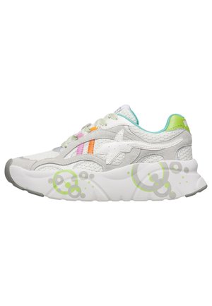 White and gray sneaker with pink and orange side stripes, green accents, star detail, and a white sole featuring green circular patterns.