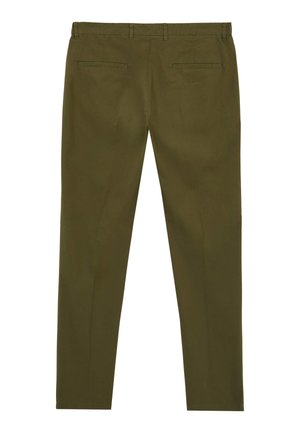 Olive green trousers with a straight fit, featuring two back pockets and a smooth texture. Designed with belt loops at the waistband.