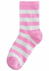 Chaussette rayée rose et blanche en matériau doux et élastique, avec un bord-côte et des renforts au niveau des orteils et du talon.