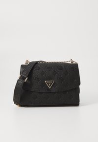 Sort faux læder crossbody taske med præget mønster, guldfarvet hardware, fold-over klap og justerbar rem. Har et trekantet brandlogo.