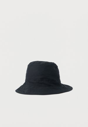 Black cotton bucket hat with stitched brim, plain design, displayed against a white background.