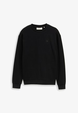 Zwarte sweatshirtr met ronde hals, lange mouwen, geribbelde manchetten en zoom, en een klein subtiel logo op de linkerborst.