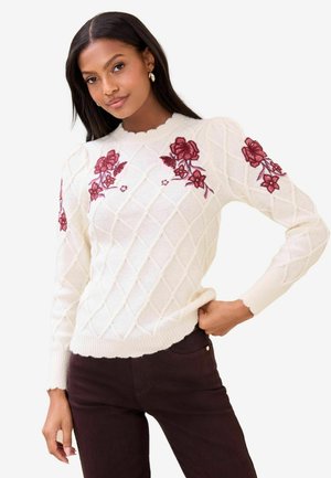 REGULAR FIT - FLOWER EMBROIDERED DIAMOND CABLE - Strickpullover - cream