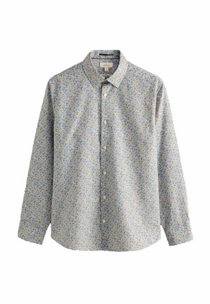 Dlhý rukáv košele s kvetinovým vzorom v svetlomodrej farbe, s golierom na gombíky a prednými gombíkmi. Materiál je ľahká bavlna.