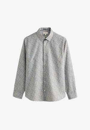 Dlhý rukáv košele s kvetinovým vzorom v svetlomodrej farbe, s golierom na gombíky a prednými gombíkmi. Materiál je ľahká bavlna.