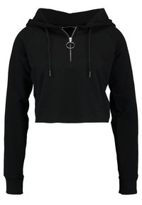 Černá zkrácená mikina z měkké látky, s předním zipem, kapucí a dlouhými rukávy s žebrovanými manžetami. Jednoduchý design s minimálními akcenty.