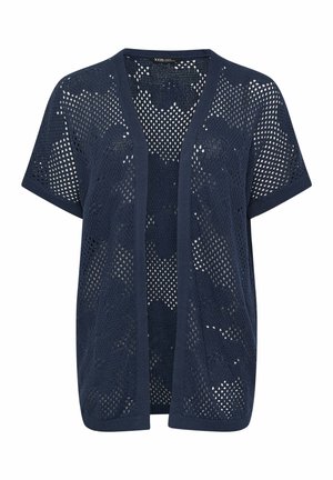 Marineblauer, kurzärmeliger, offene Strickjacke mit floralem Spitzenmuster und breitem Rippenbesatz.