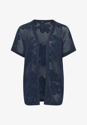Marineblauwe korte mouw opengewerkte gebreide cardigan met een bloemenkantpatroon en een brede geribbelde rand.