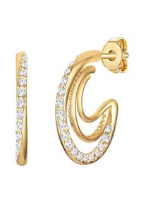 Guldtonade örhängen med en virvlande design, som har en rad runda klara kristaller som framhäver formen och texturen.