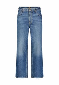 Jeans de pierna ancha en denim azul medio, con una cintura alta, bolsillos delanteros y una textura desteñida con detalles de costura contrastantes.