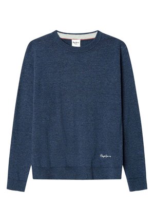 Maglione blu navy a maniche lunghe con collo tondo, polsini e orlo a coste, piccolo logo Pepe Jeans ricamato vicino all'orlo inferiore.