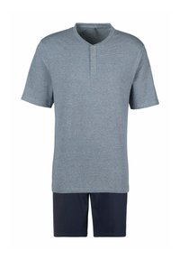 Heren loungedset met een lichtblauwe gestreepte short-sleeve shirt met een henley-kraag en marineblauwe shorts. Van katoenmix.